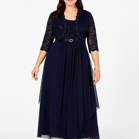R&M RICHARDS Womens Navy Sequined‎ Cocktail Jacket Dress Plus 18W Maxi 2 Piece - Picture 1 of 6